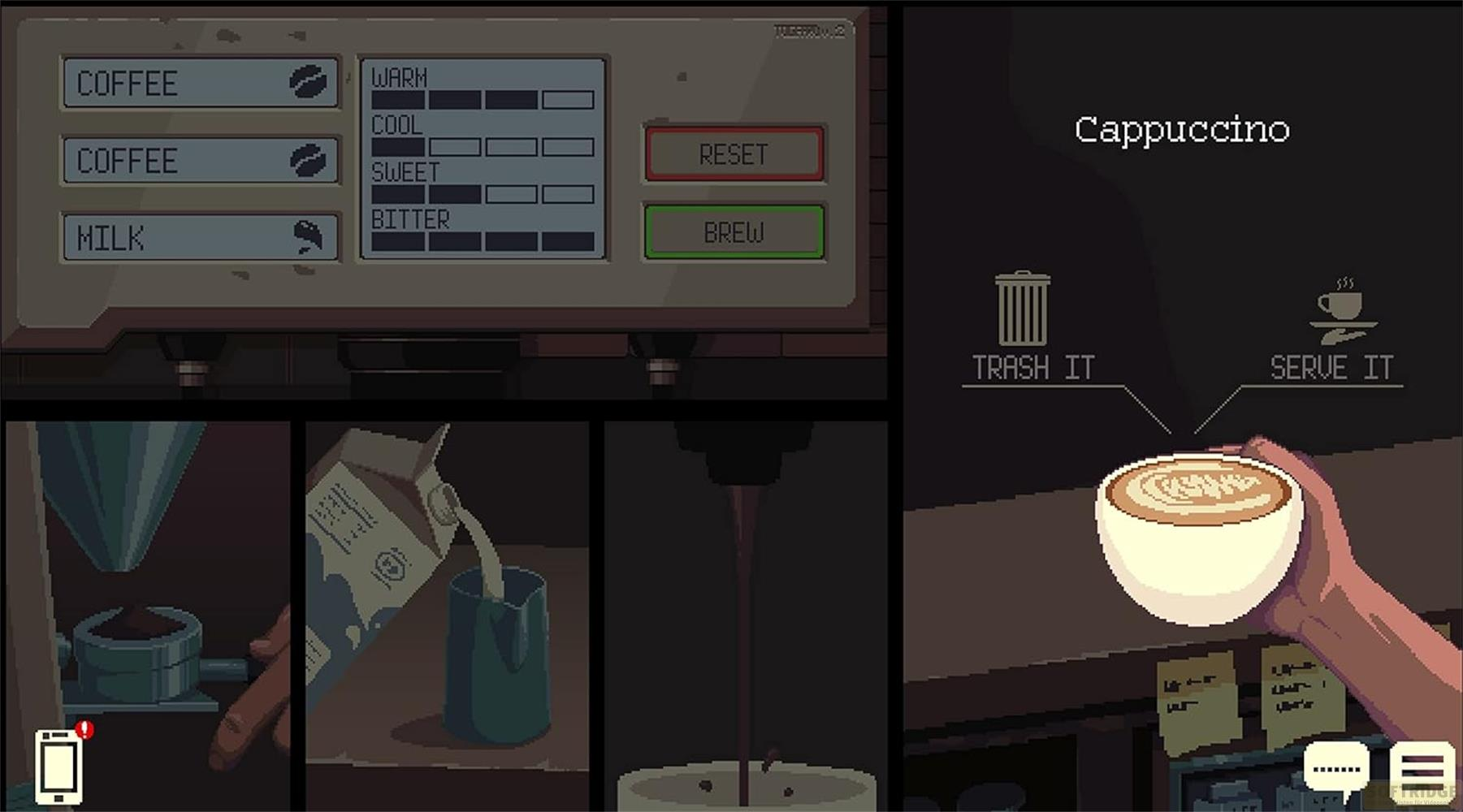 Pixel-Art-Szene: Kaffeemaschine mit Einstellungen, Zubereitungsschritte und fertiger Cappuccino.