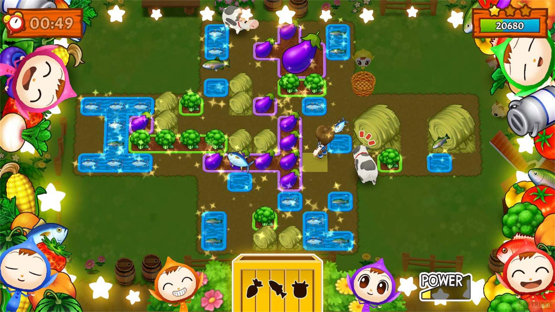 Bunte Bauernhof-Spielszene mit Gemüse, Fischen und Tieren.