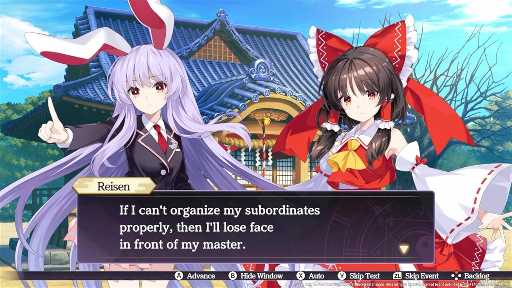 Zwei Anime-Charaktere stehen vor einem Schrein. Reisen mit lila Haaren und Hasenohren spricht.