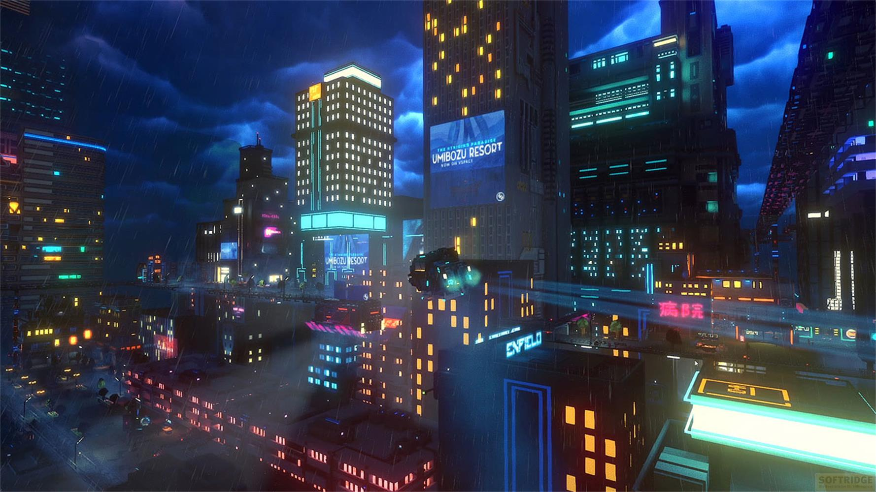 Futuristische Stadt bei Nacht im Regen. Neonlichter spiegeln sich auf nassem Boden.