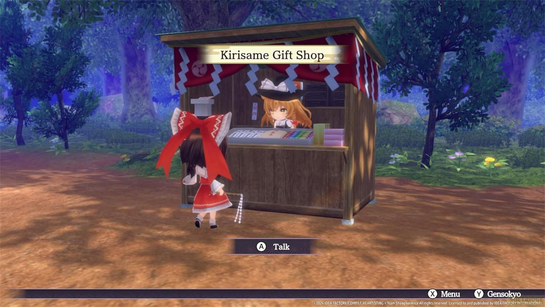 Ein Mädchen in Rot steht vor einem Geschenkeladen im Wald. Ein Verkäufer steht hinter dem Tresen.