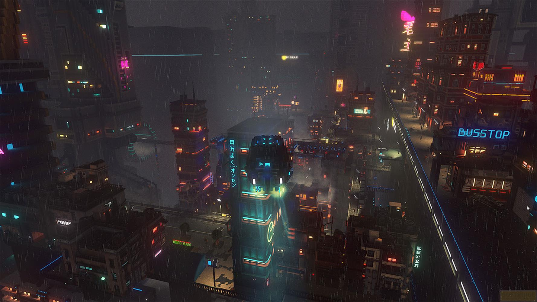 Regnerische Cyberpunk-Stadt mit Neonlichtern und hohen Gebäuden.