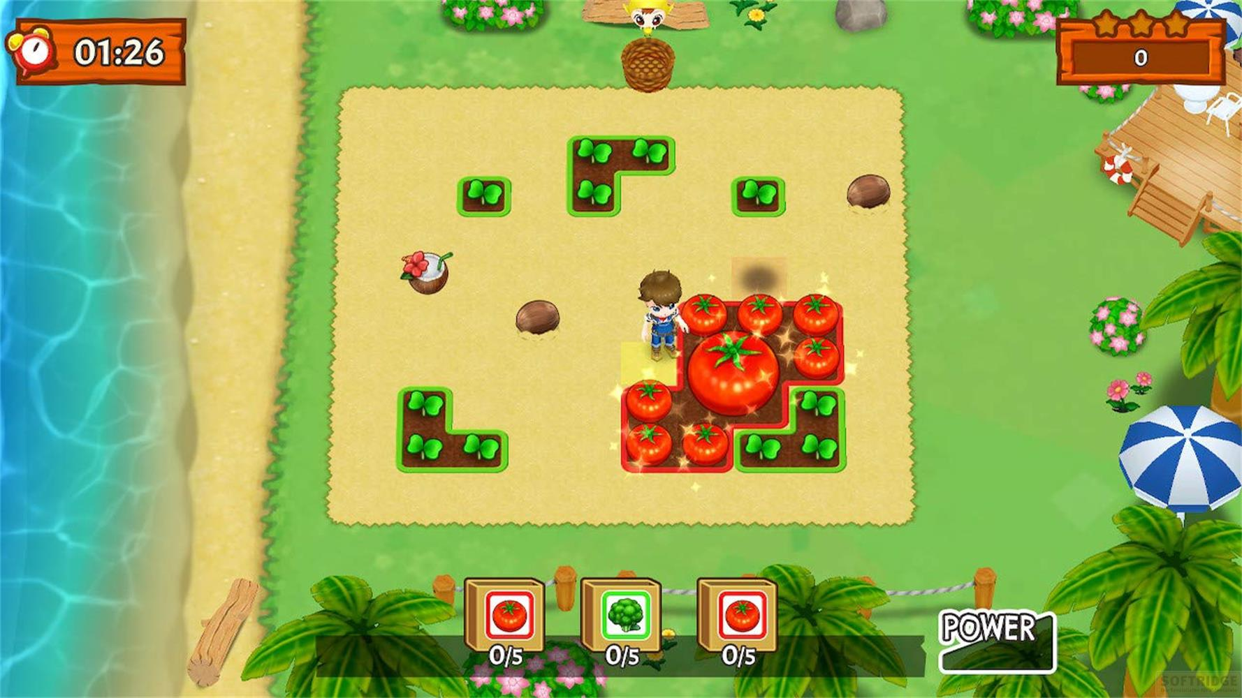 Ein Junge steht auf einem Feld mit Tomaten. Links sind Kleebeete. Am Strand daneben ist Wasser.