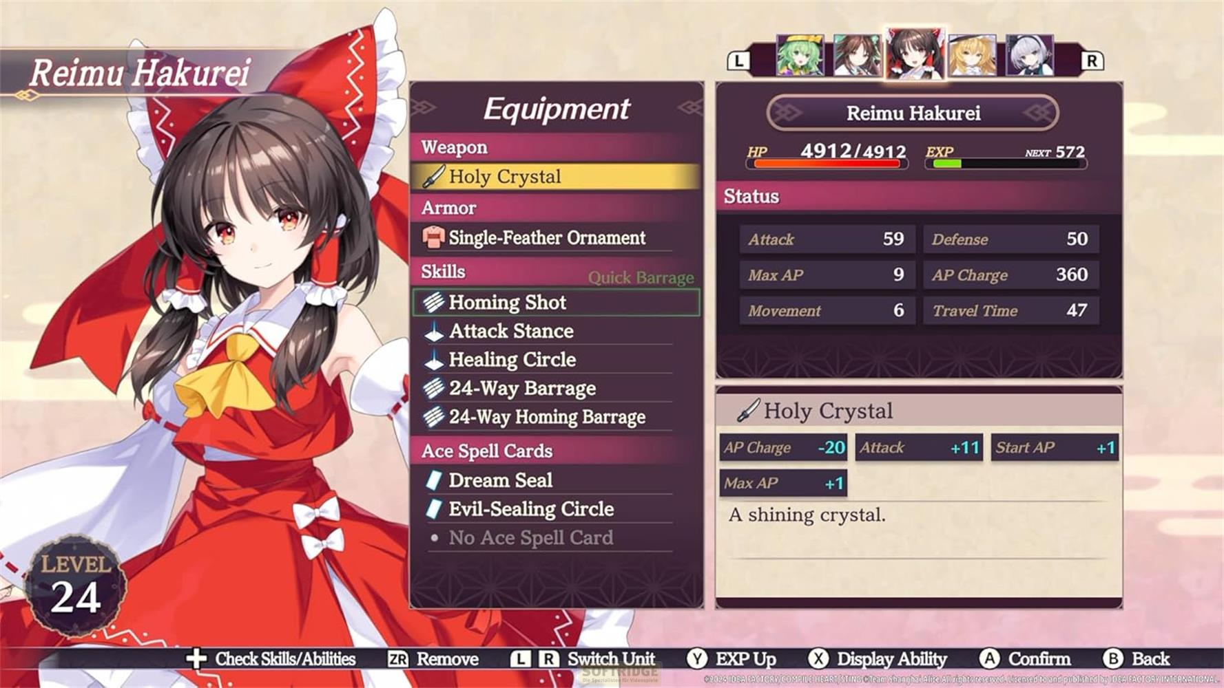 Reimu Hakurei Level 24 mit Ausrüstungs- und Statusbildschirm.