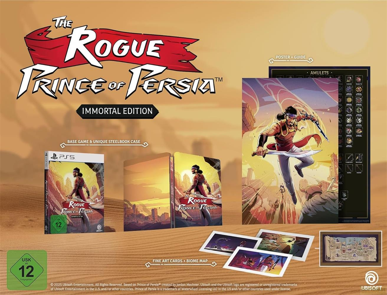 The Rogue Prince of Persia Immortal Edition per PS5, con steelbook, poster, amuleti e mappa.