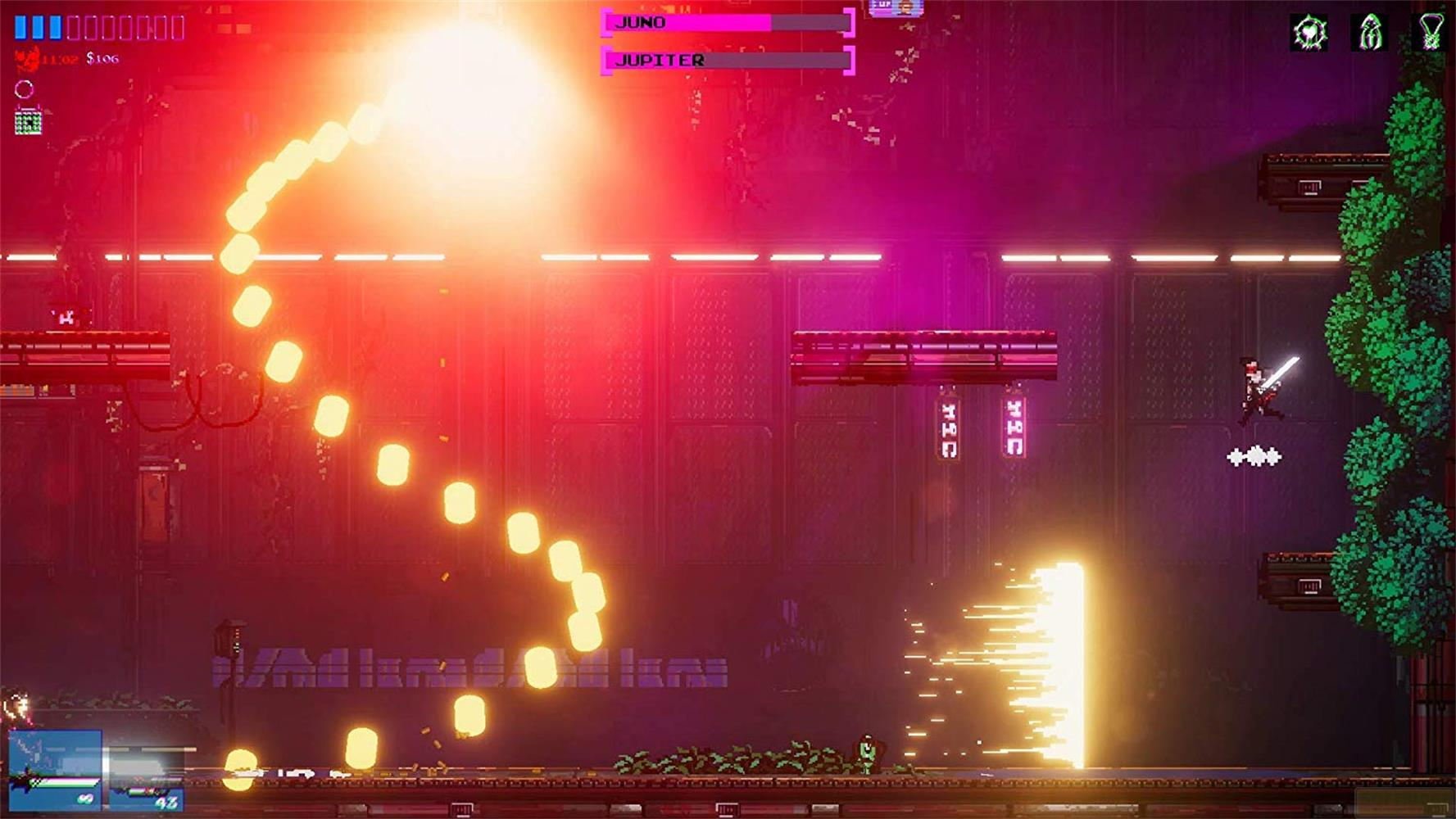 Un personaggio salta in un mondo cyberpunk pixelato con luci al neon.