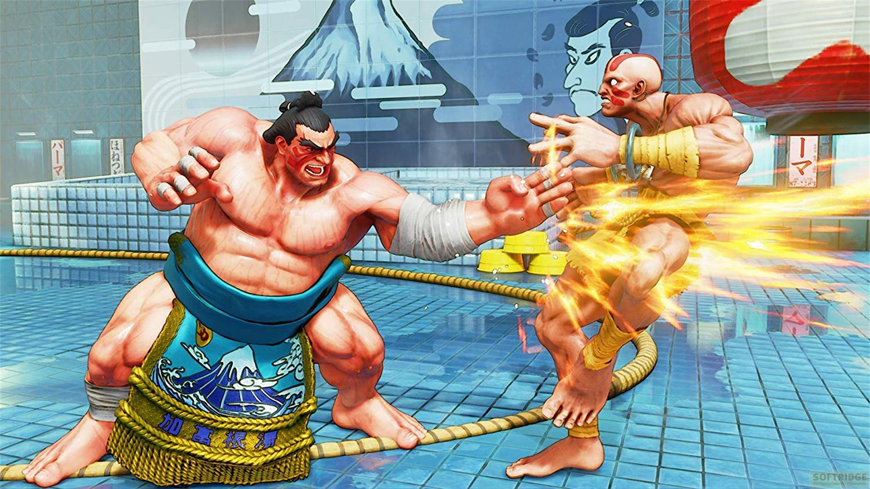 Un lutteur de sumo combat un homme entouré d'éclairs d'énergie jaune.