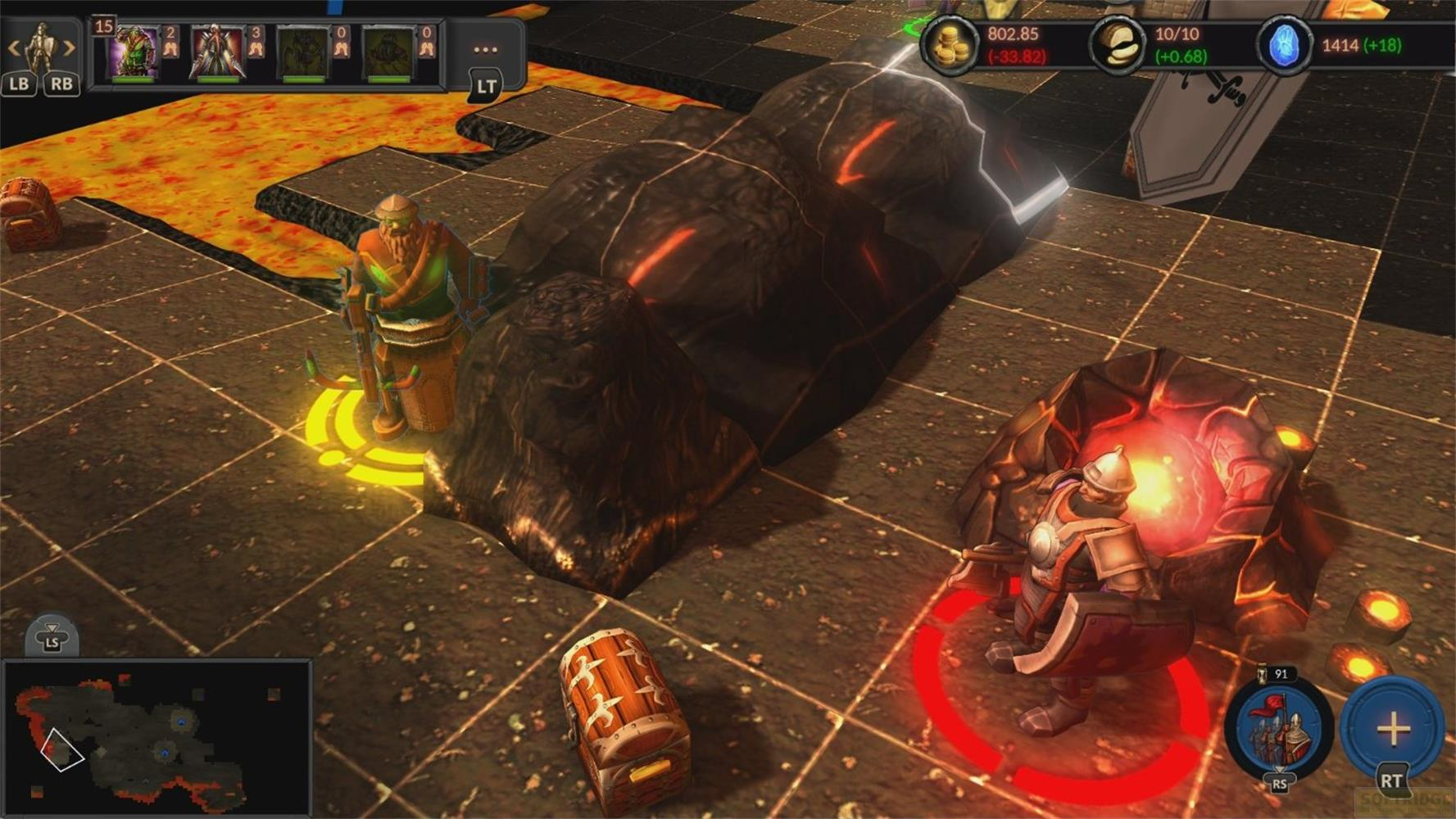 Un personnage de jeu en armure se tient près d'un rocher brillant sur un sol damier.