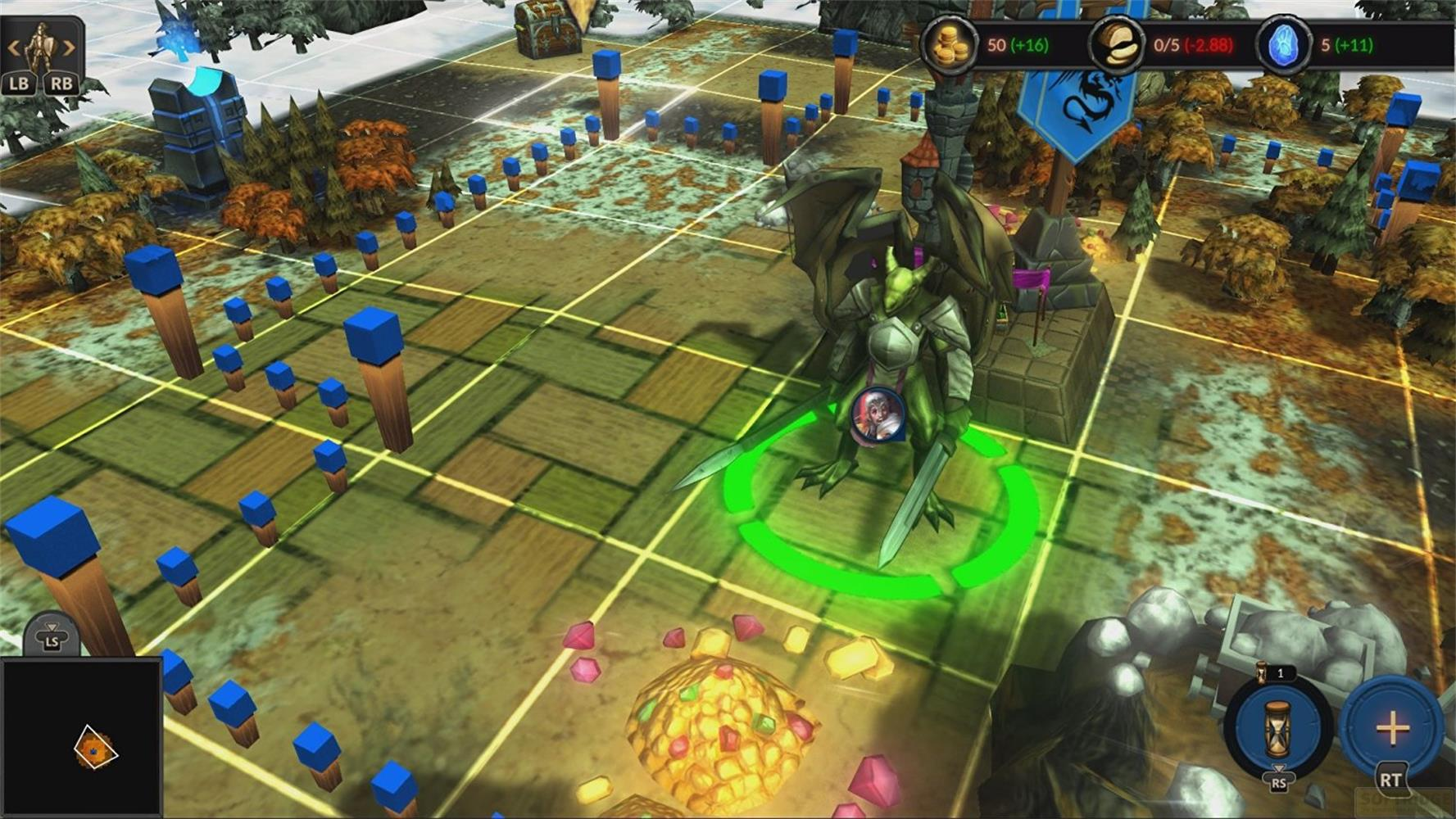 Un dragon vert en armure se tient sur un plateau de jeu avec des cubes bleus.