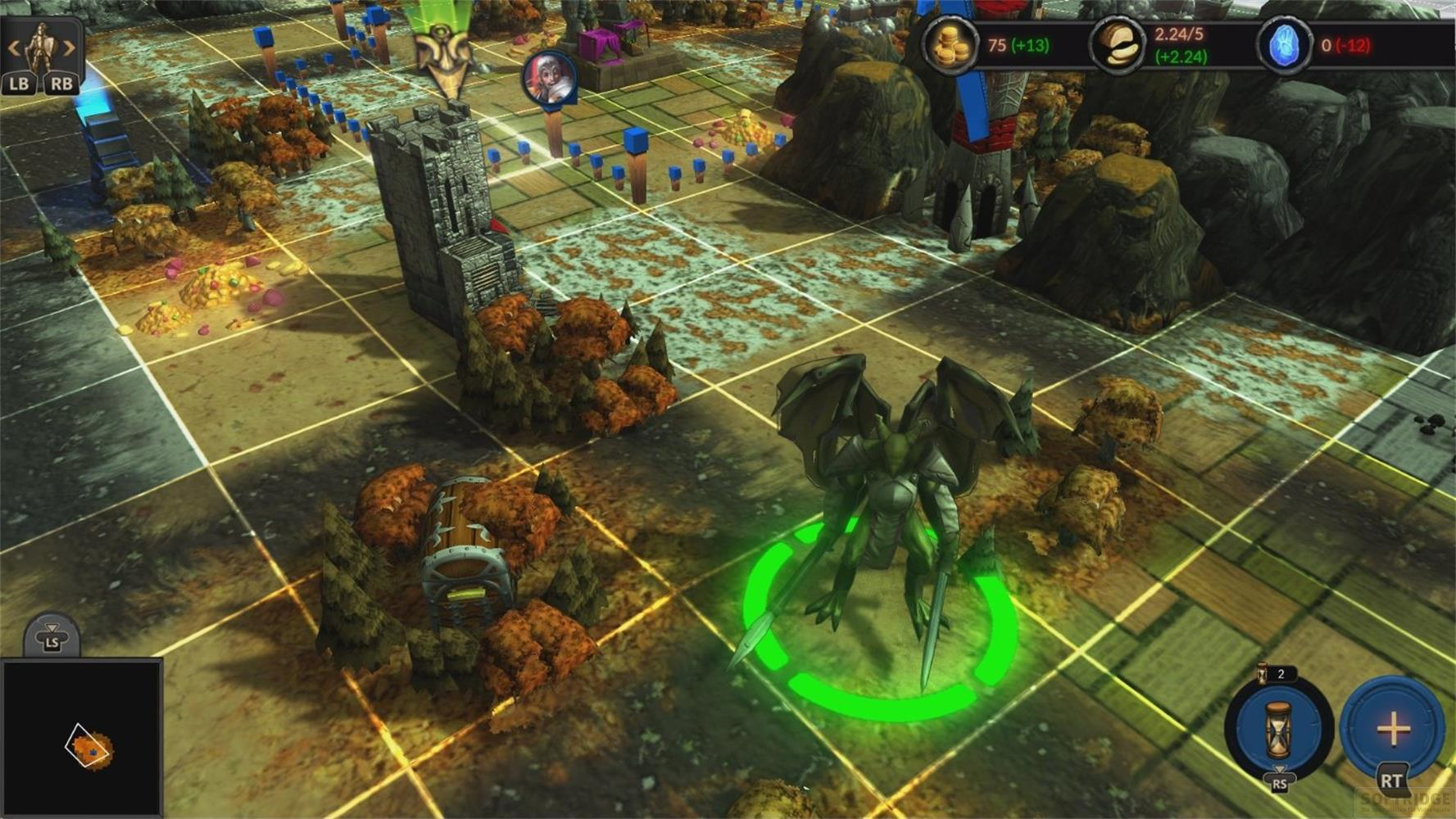 Un dragon vert se tient sur une grille de jeu avec des arbres et une tour.