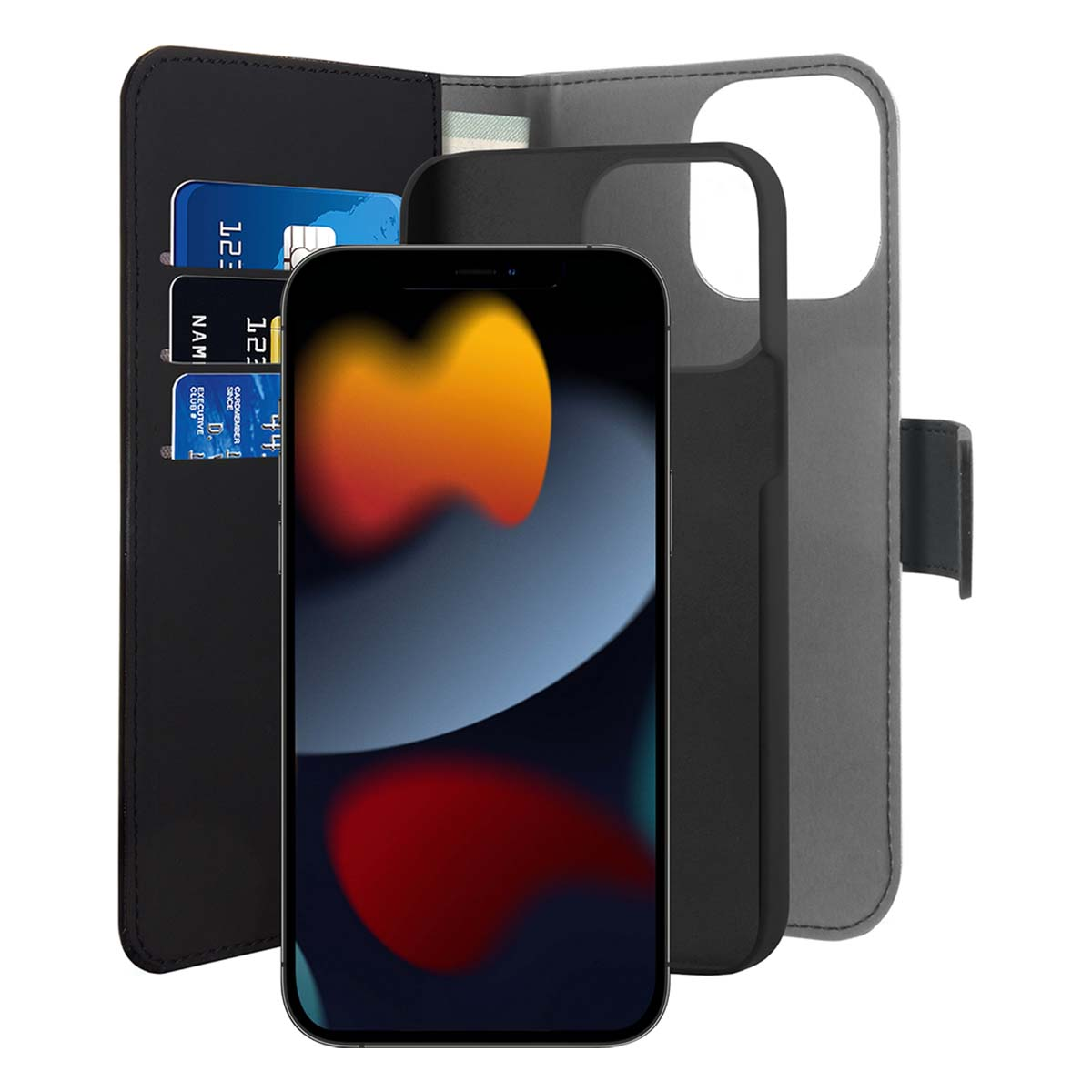 Custodia a libro nera per telefono con slot per carte e smartphone colorato.
