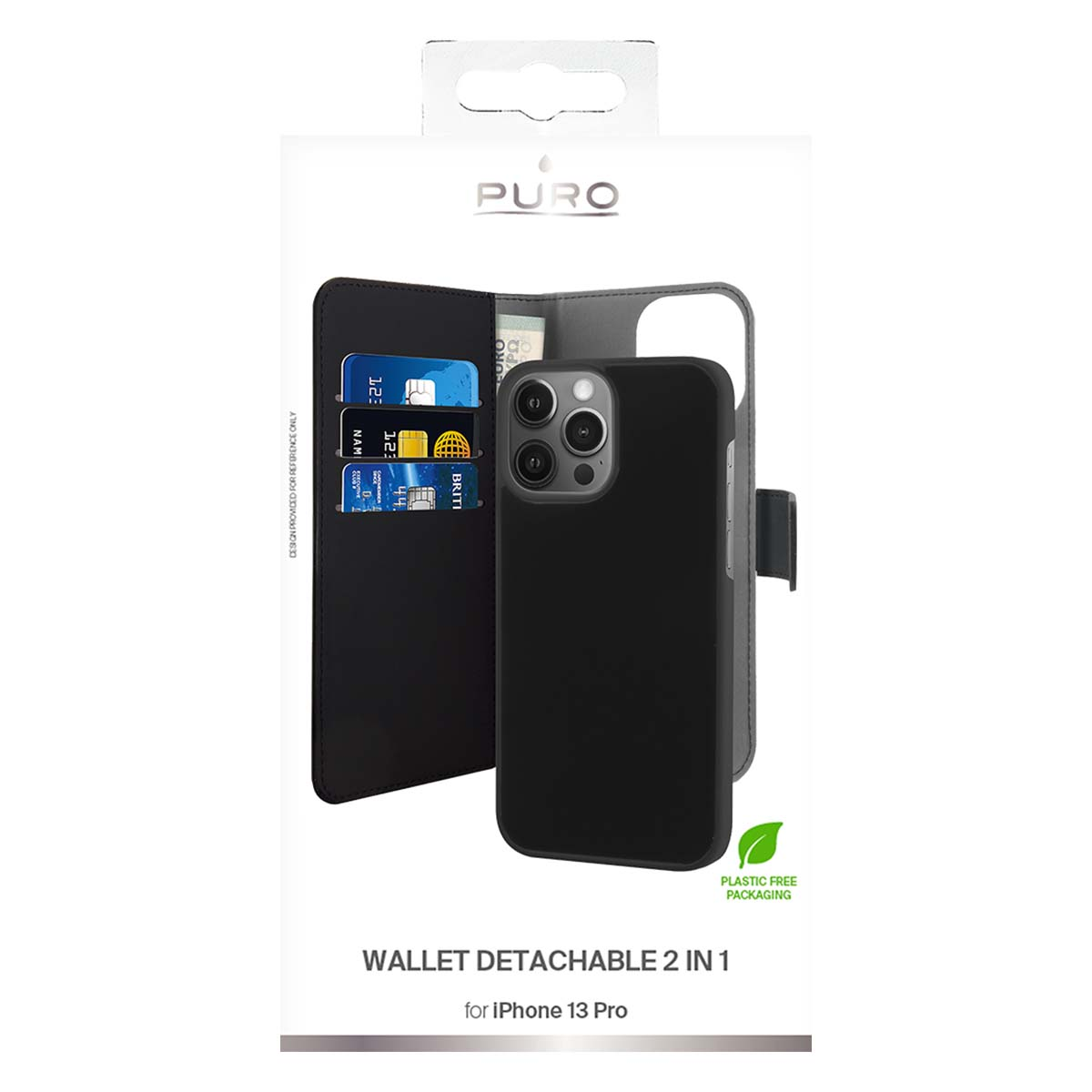 Portafoglio nero per iPhone 13 Pro con slot per carte e cover.
