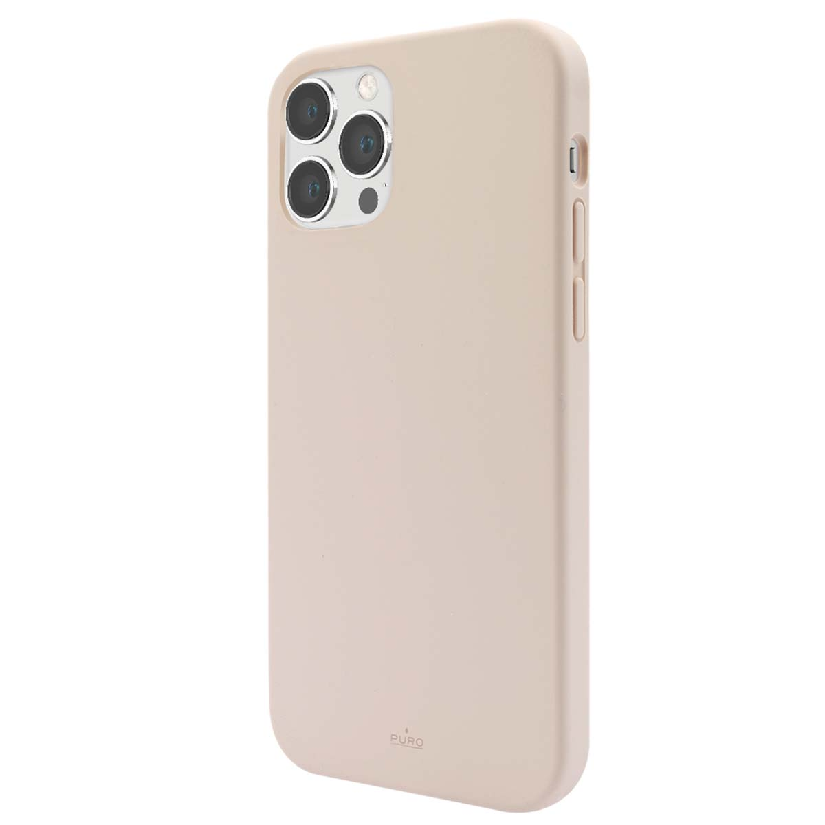Una cover beige per iPhone con ritaglio fotocamera è mostrata su sfondo bianco.