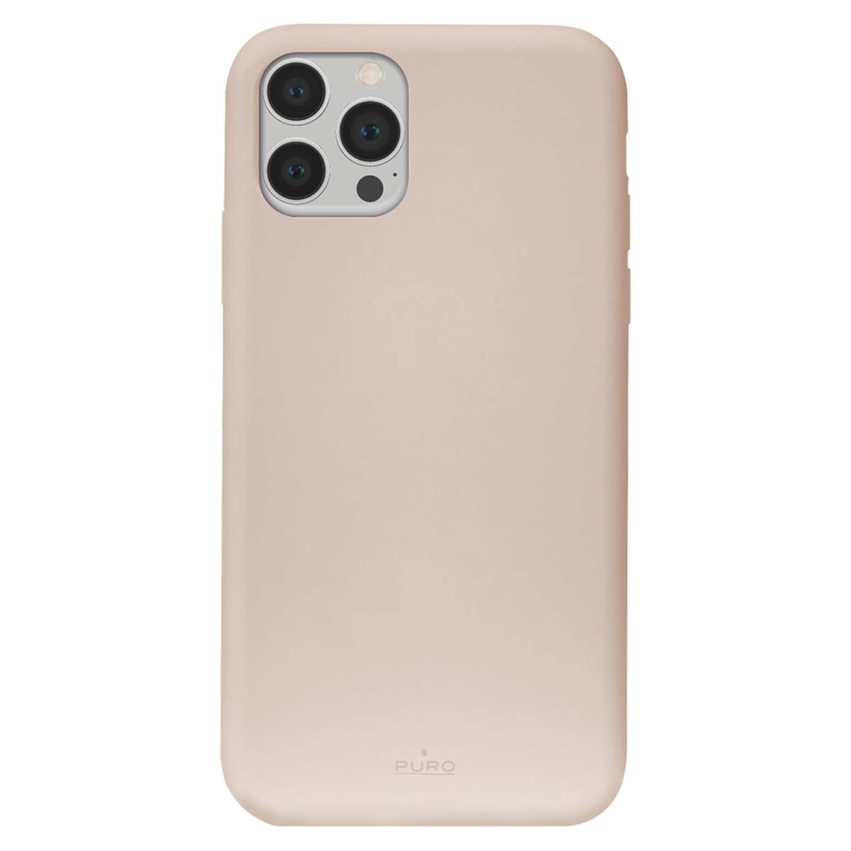 Una custodia per telefono rosa chiaro con modulo fotocamera a tre obiettivi.