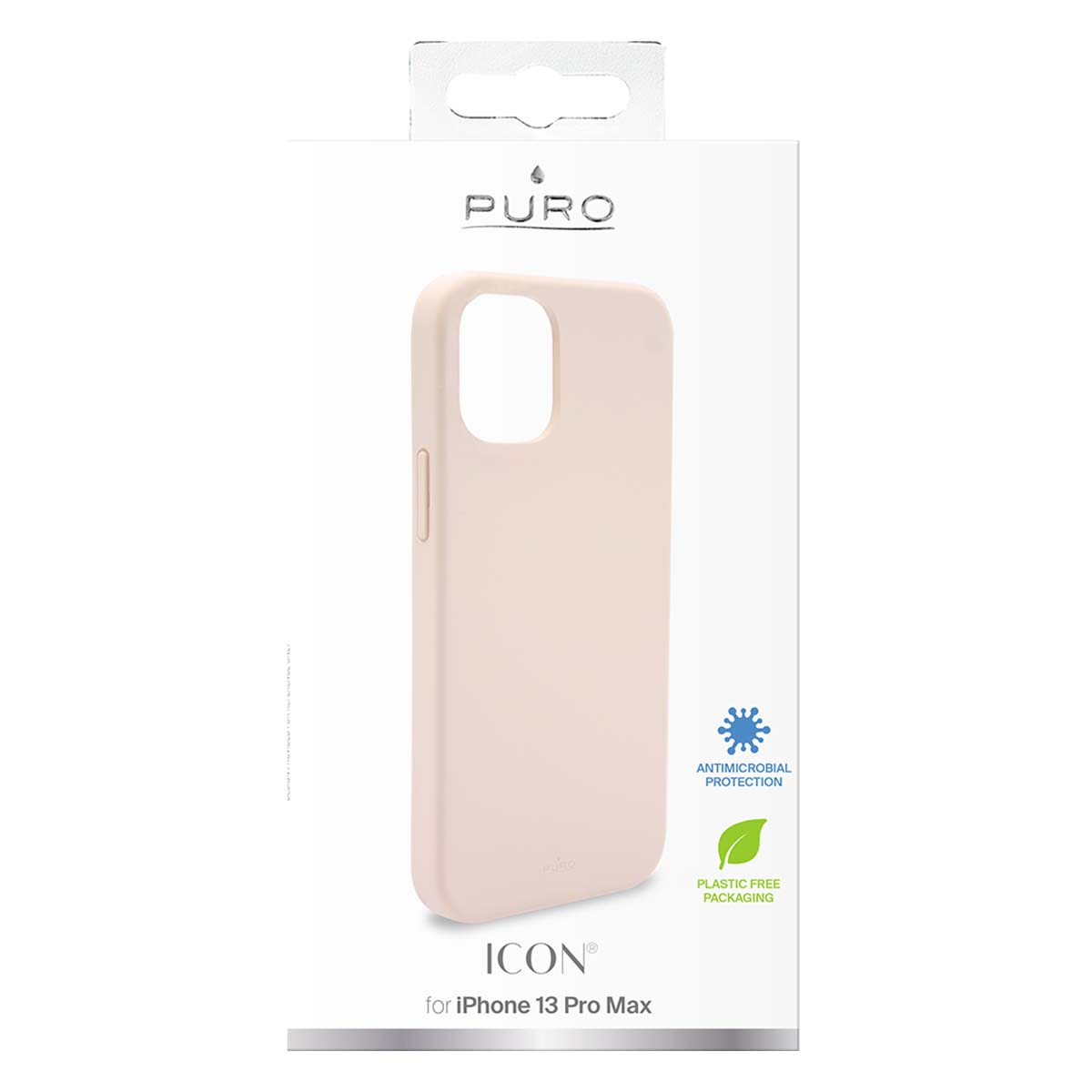Una cover rosa pallido per iPhone 13 Pro Max nella sua confezione.