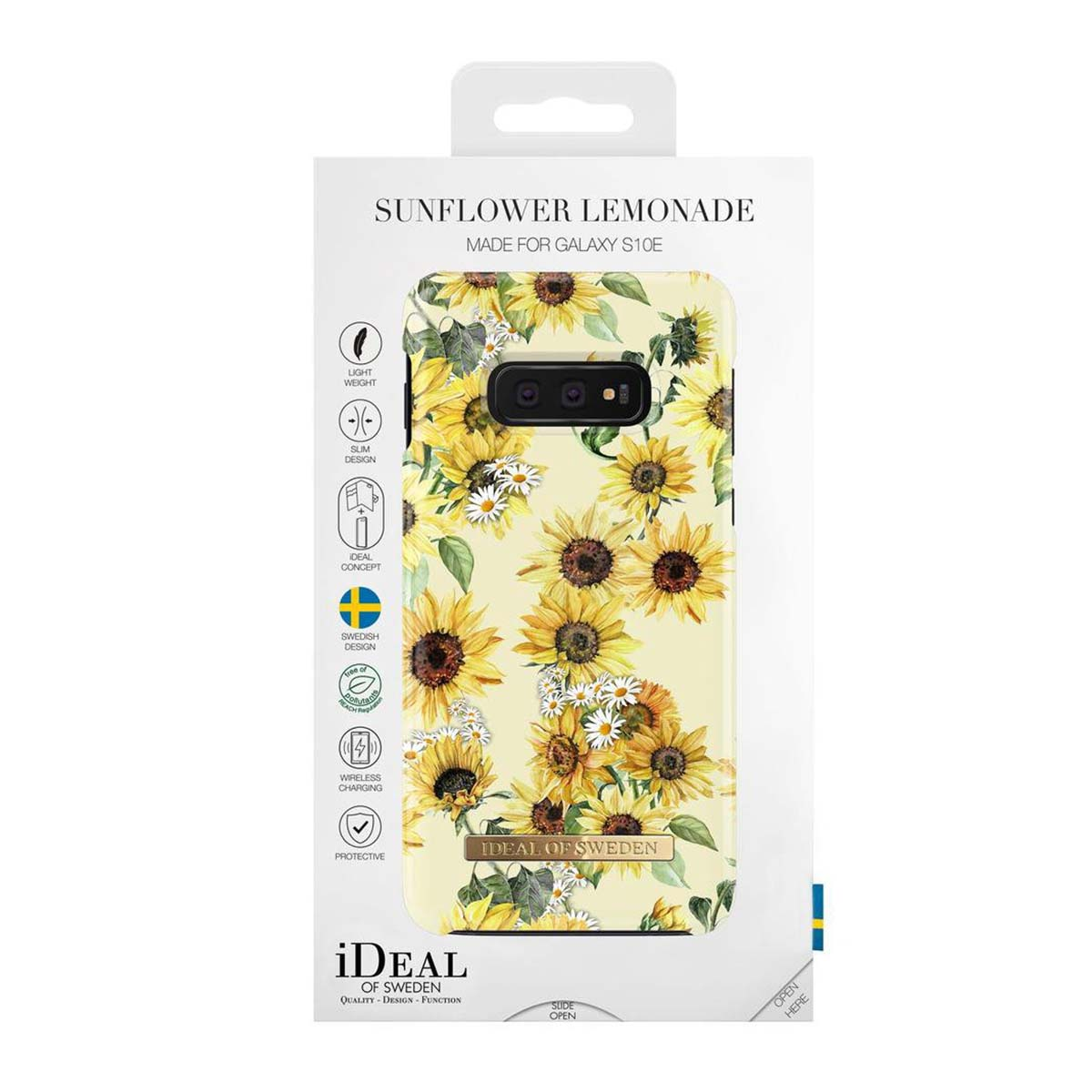 Una custodia per telefono con motivo a girasole su sfondo giallo per Galaxy S10e.