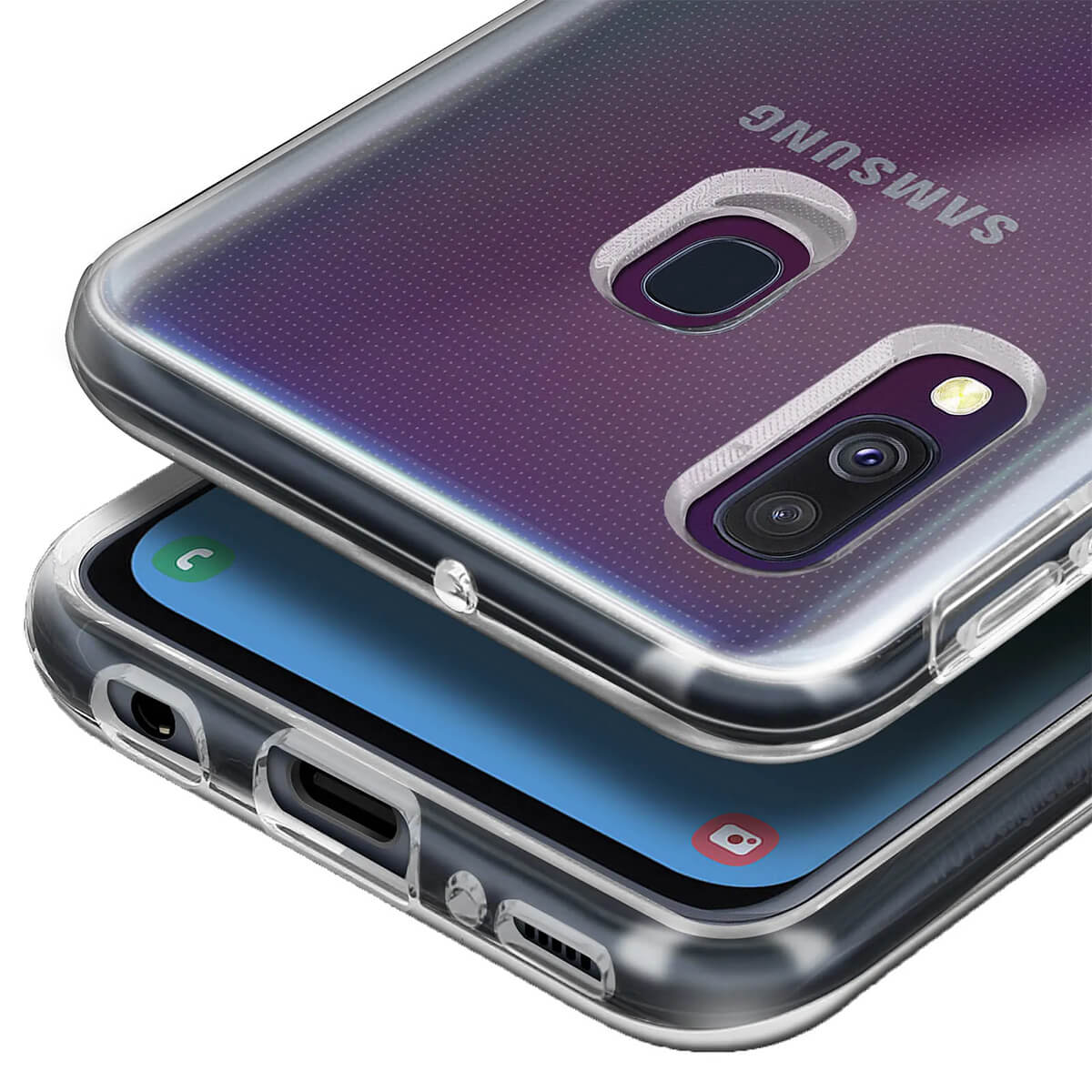 Custodia trasparente mostra logo Samsung e doppia fotocamera.