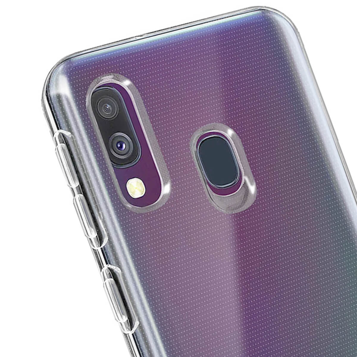 Retro di uno smartphone in custodia trasparente, con doppia lente e sensore di impronte.