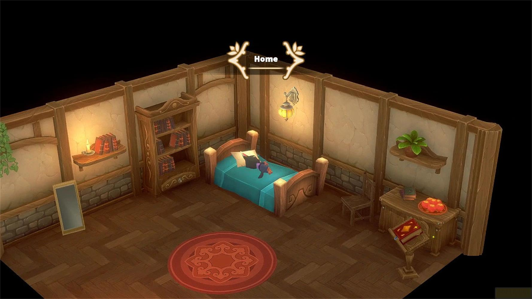 Ein gemütliches Schlafzimmer mit Bett, Bücherregal, Schreibtisch und Dekoration.