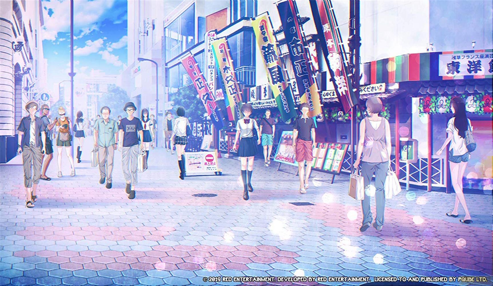 Scena anime: Persone camminano in una strada trafficata con negozi e striscioni.