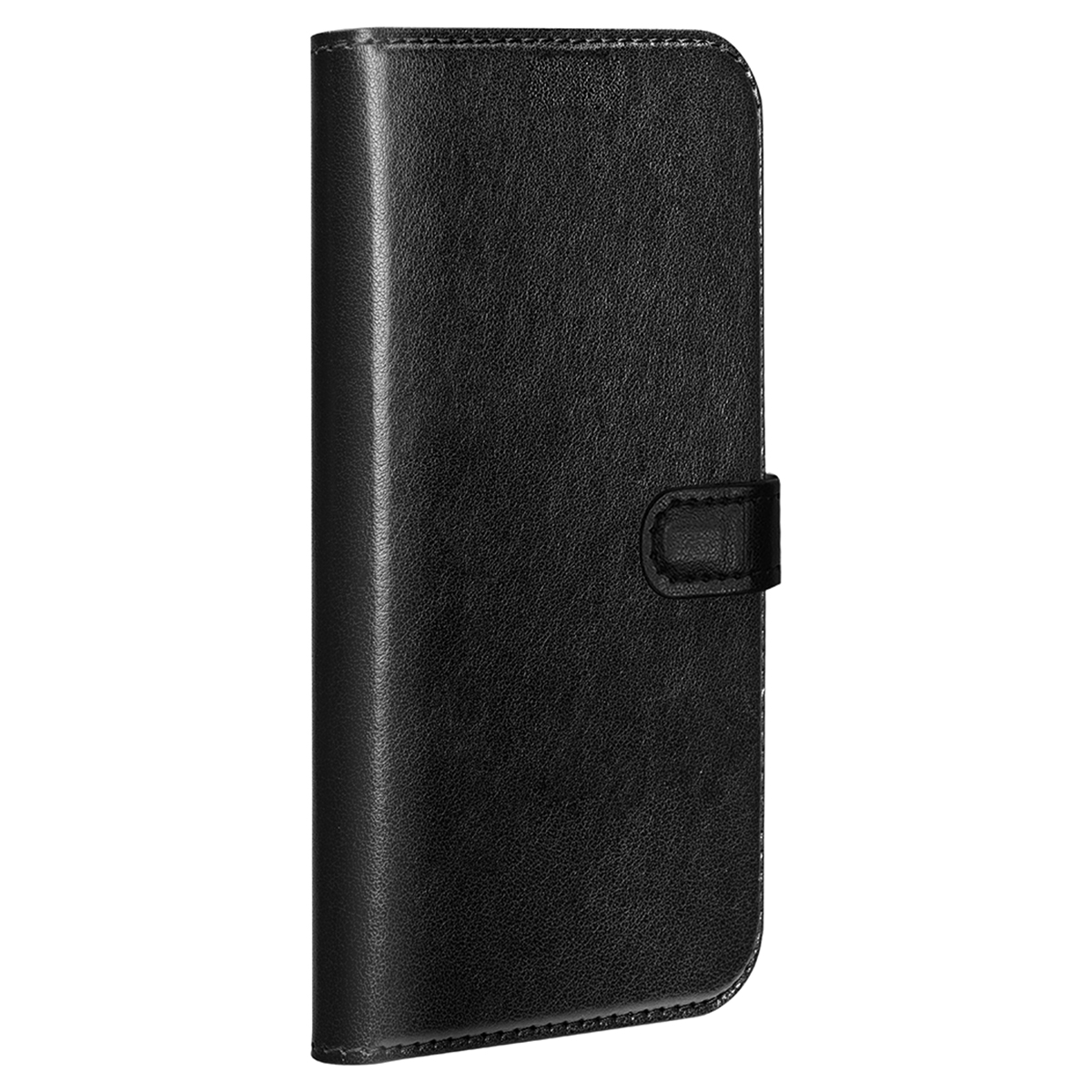 Custodia a libro in pelle nera con chiusura magnetica, vuota.