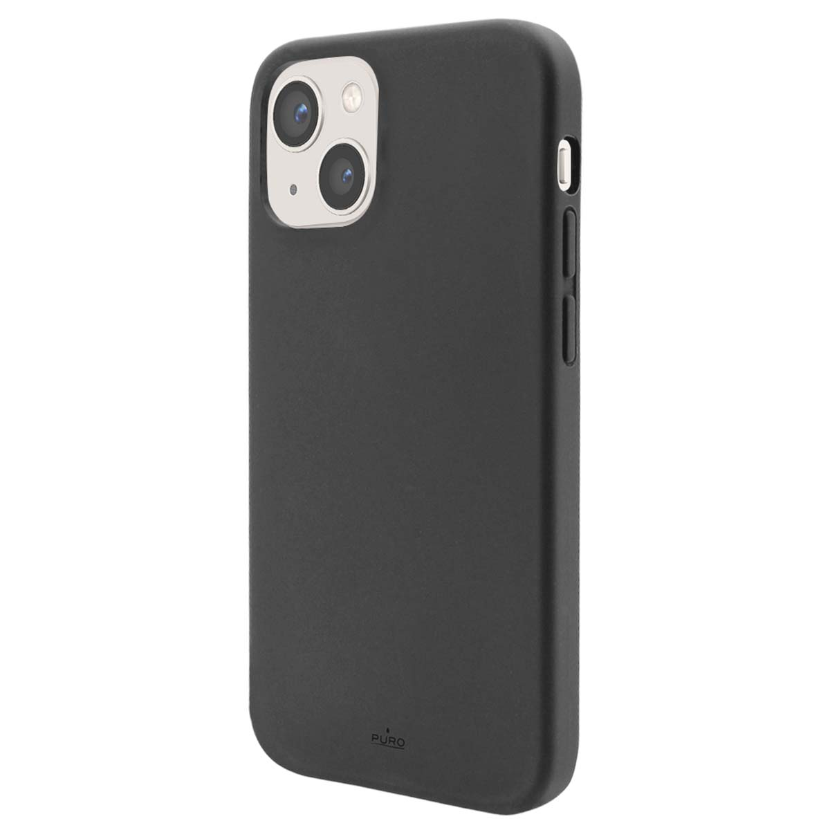 Custodia nera per telefono con due lenti per fotocamera e logo Puro.