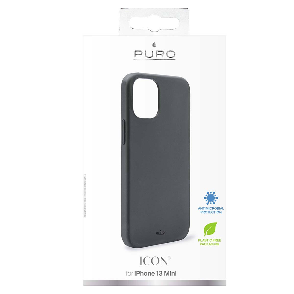 Cover grigia per iPhone 13 Mini in confezione con logo Puro.