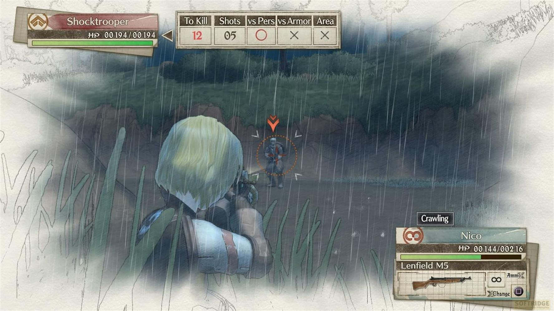Spieler zielt in Regen auf Soldaten. Anzeige zeigt Werte.