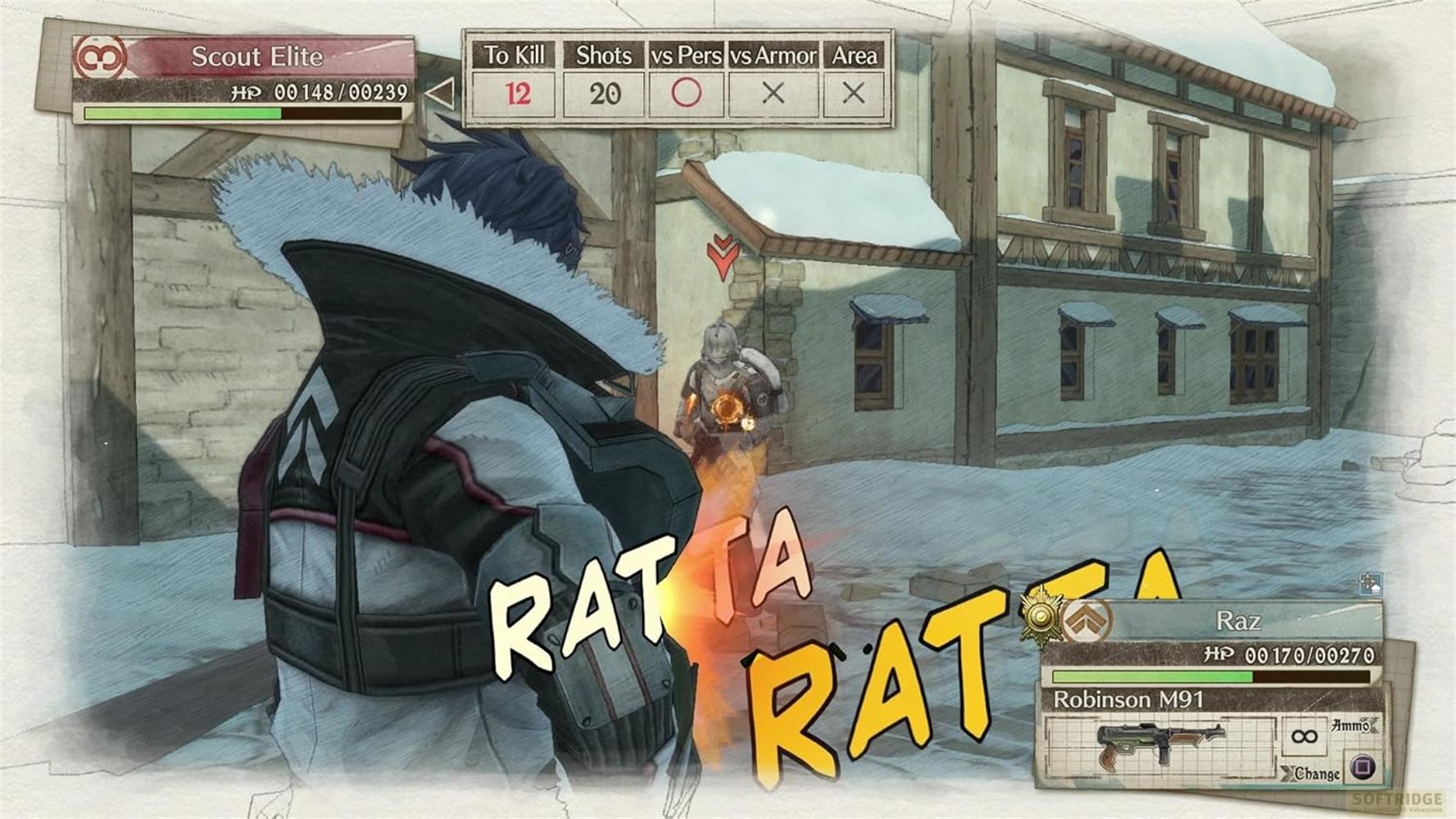 Ein Charakter mit Rüstung kämpft in einer verschneiten Stadt. "Ratta Ratta" ist zu sehen.