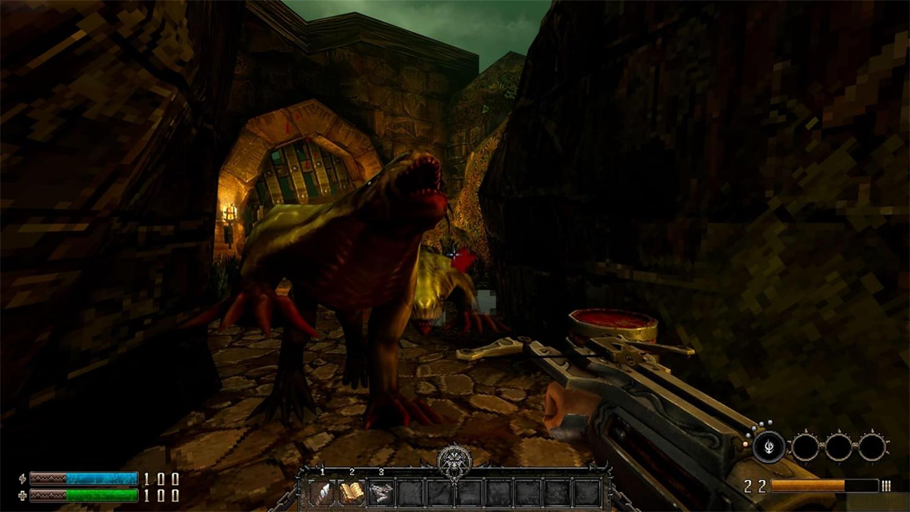 Ein groteskes Monster mit roten Eingeweiden steht im Vordergrund. Ein zweites Monster ist im Hintergrund.