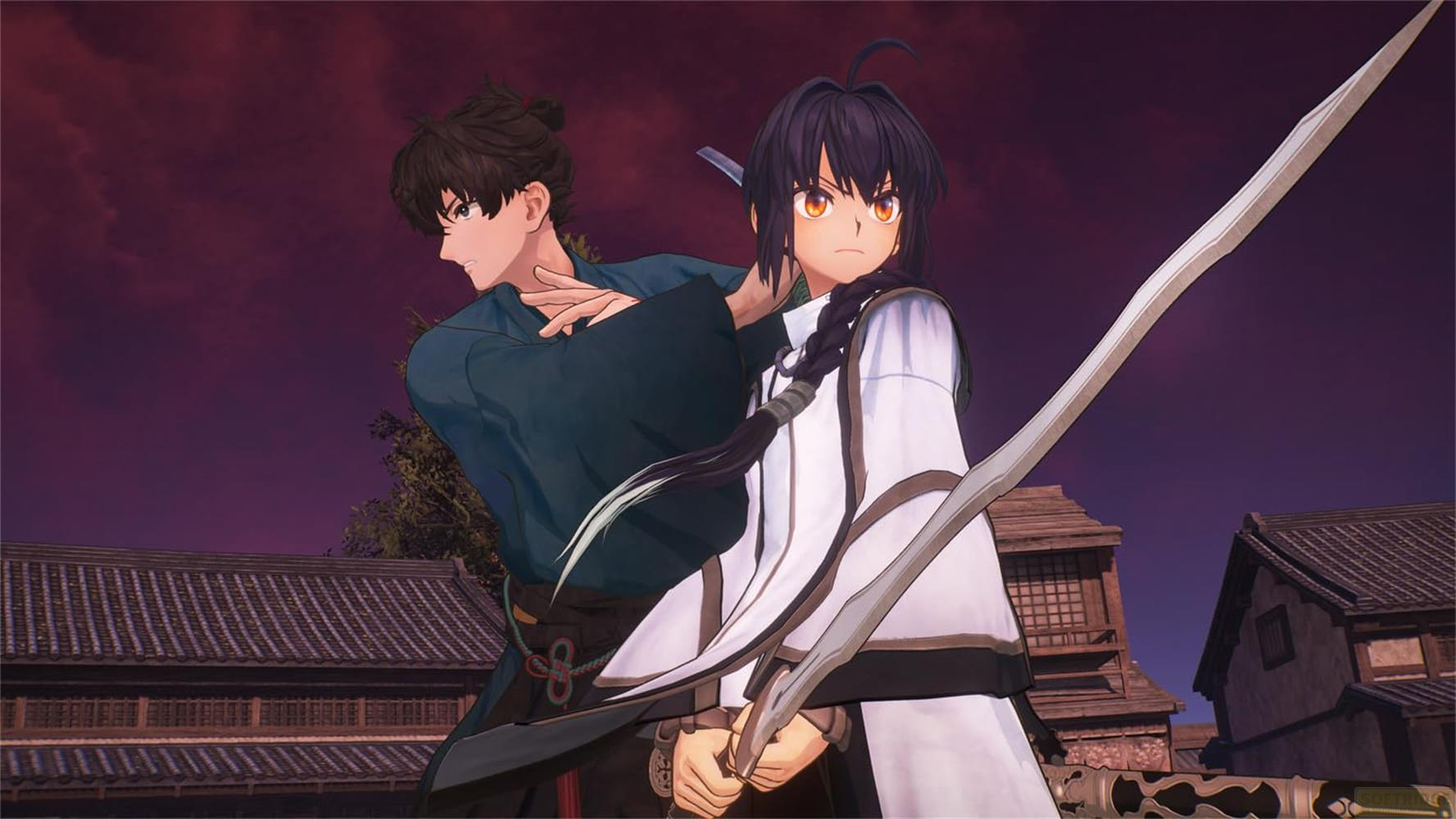 Zwei Anime-Krieger mit Schwertern stehen vor traditionellen japanischen Häusern im Abendrot.
