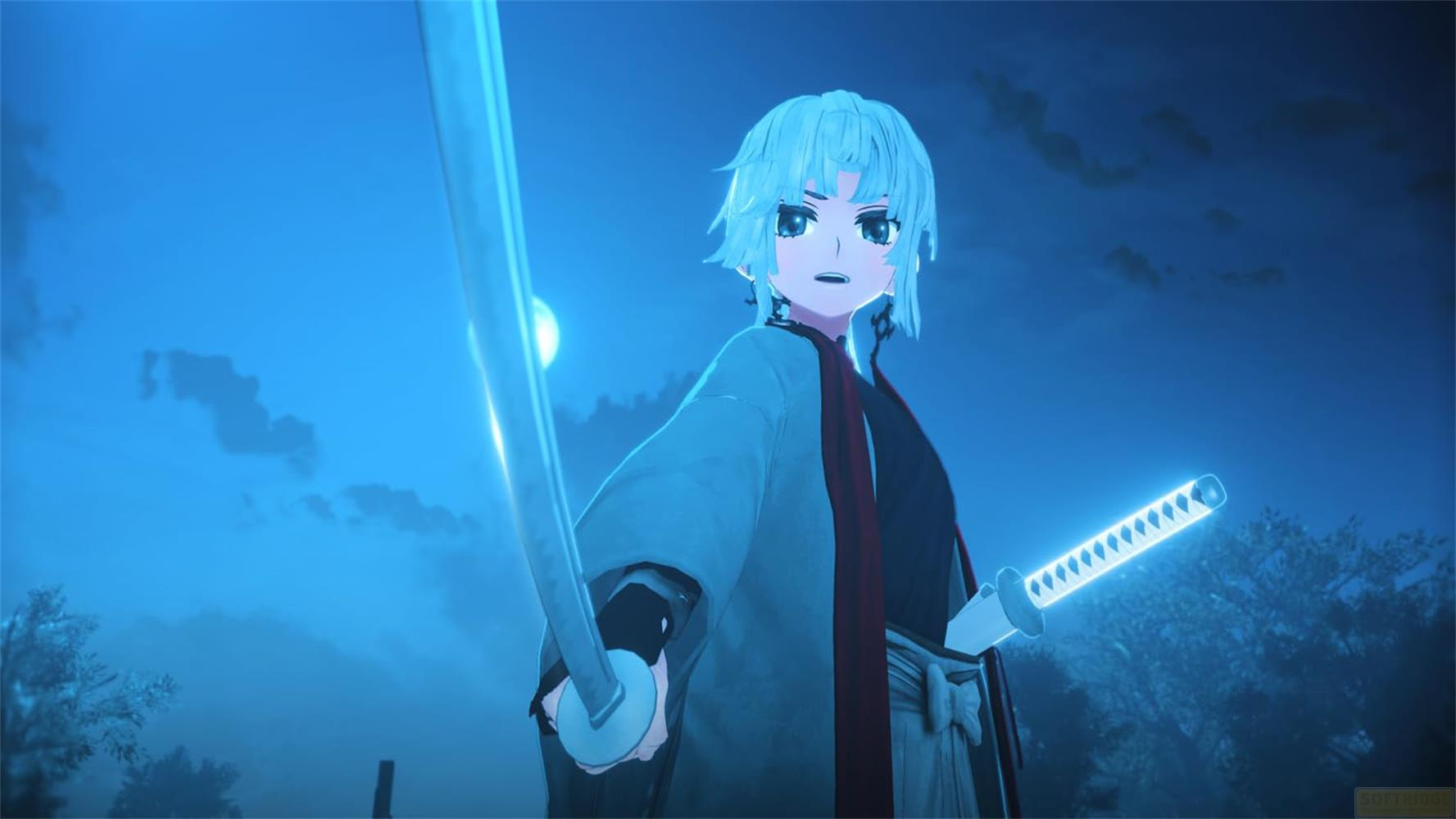 Anime-Figur mit hellblauen Haaren hält ein leuchtendes Schwert, Nachtszene.