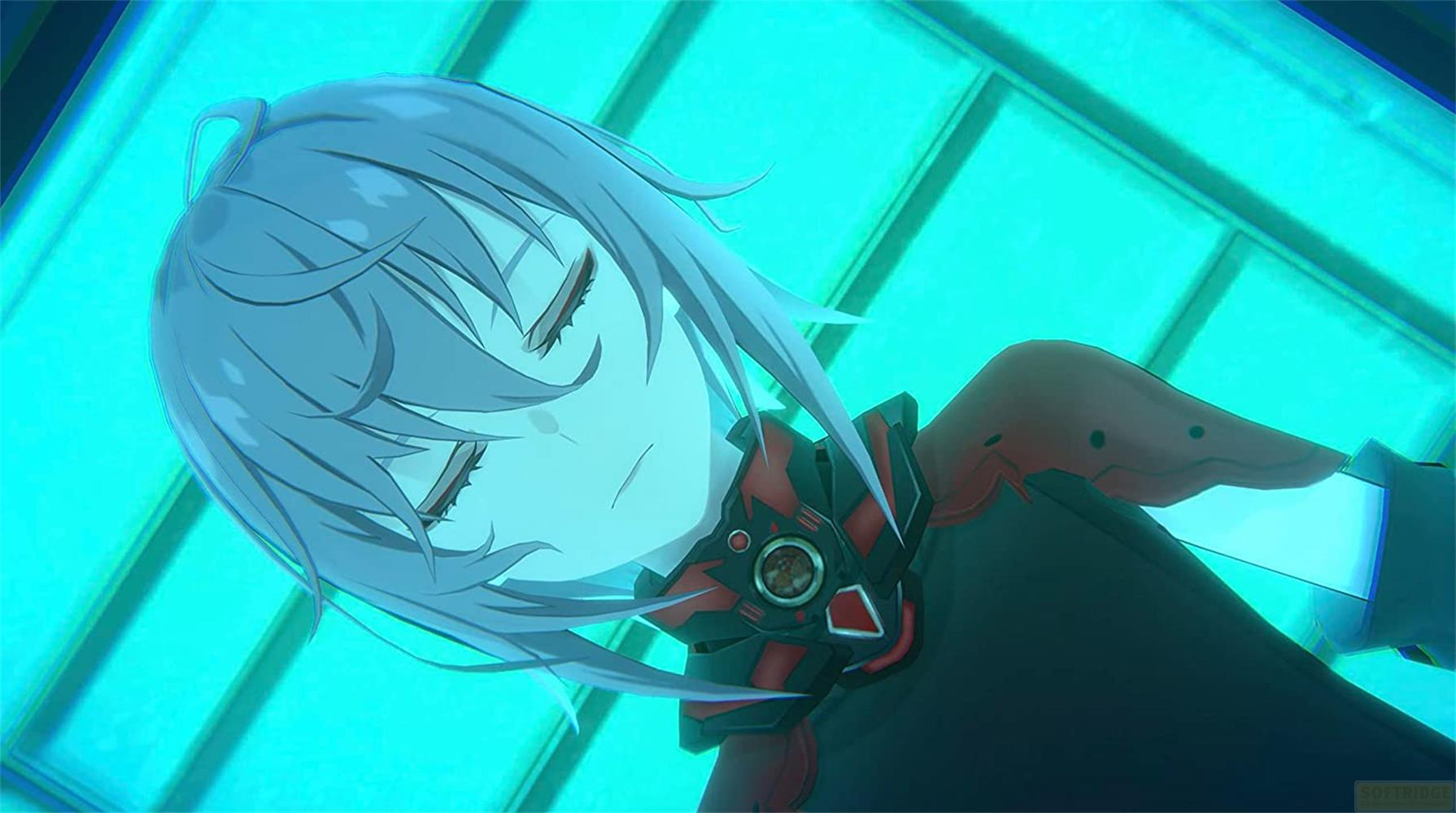 Anime-Figur mit blauem Haar und mechanischen Elementen im Gesicht.