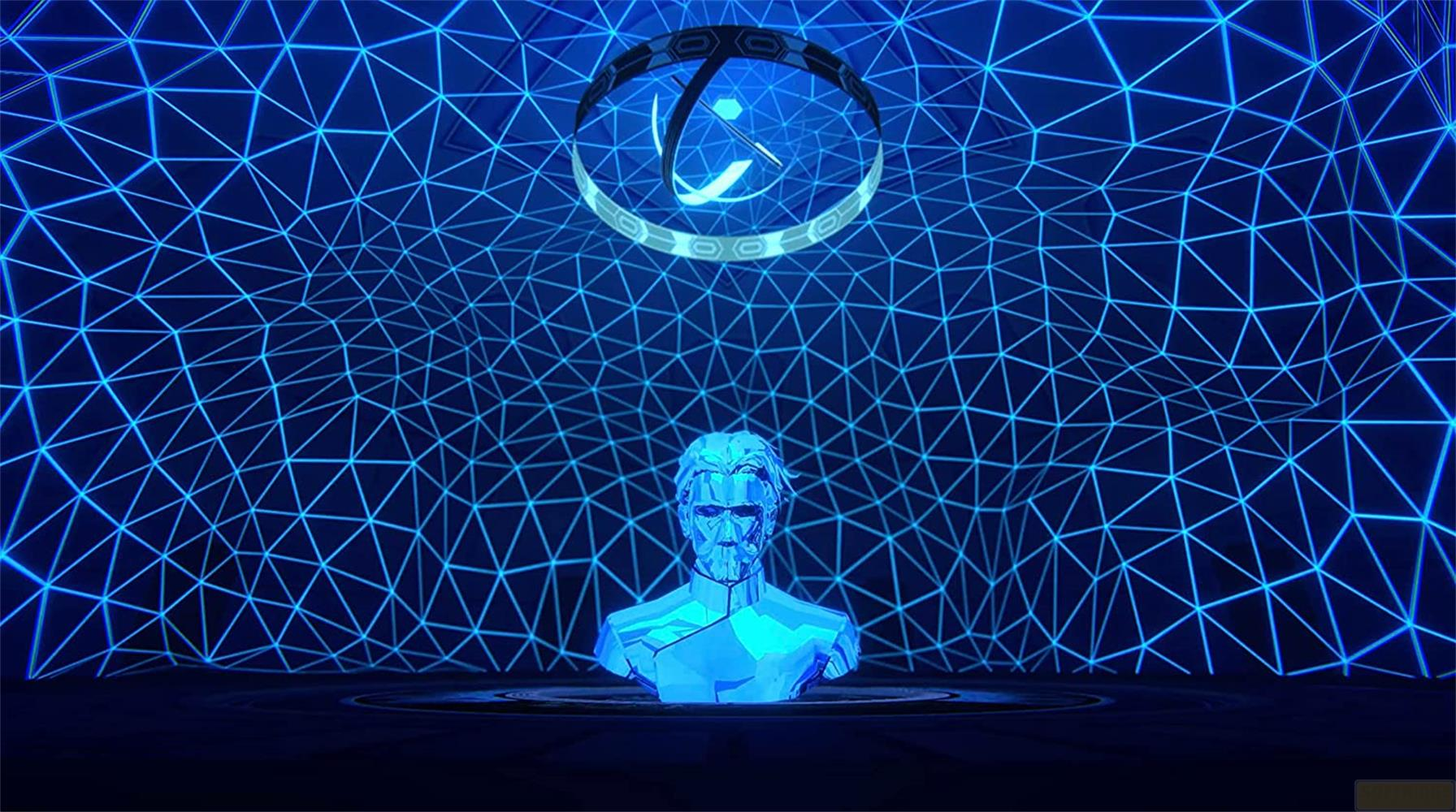 Eine blaue, polygonale Büste eines Mannes steht im Mittelpunkt eines neonbeleuchteten Raumes.