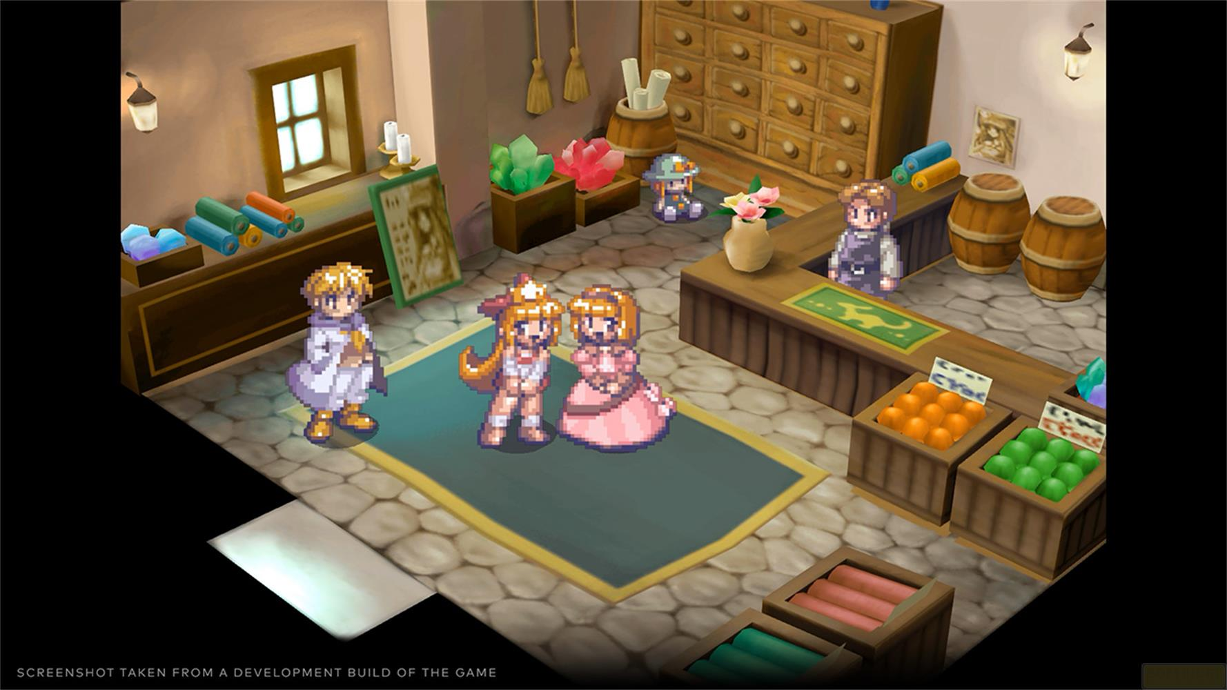 Pixel-Charaktere in einem Laden mit Regalen, Fässern und Waren.