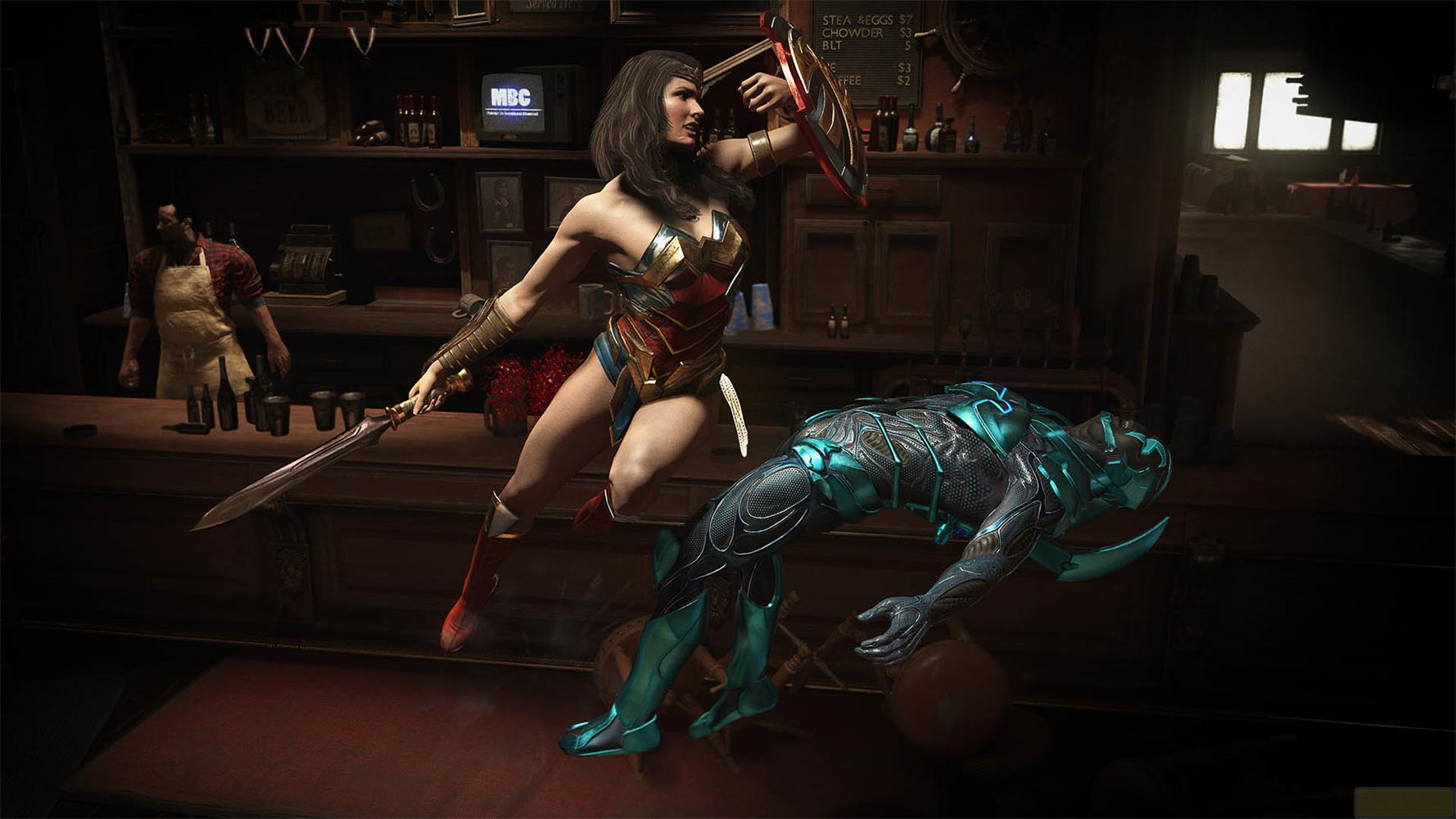 Wonder Woman kämpft gegen Blue Beetle in einer Bar. Ein Barkeeper steht im Hintergrund.