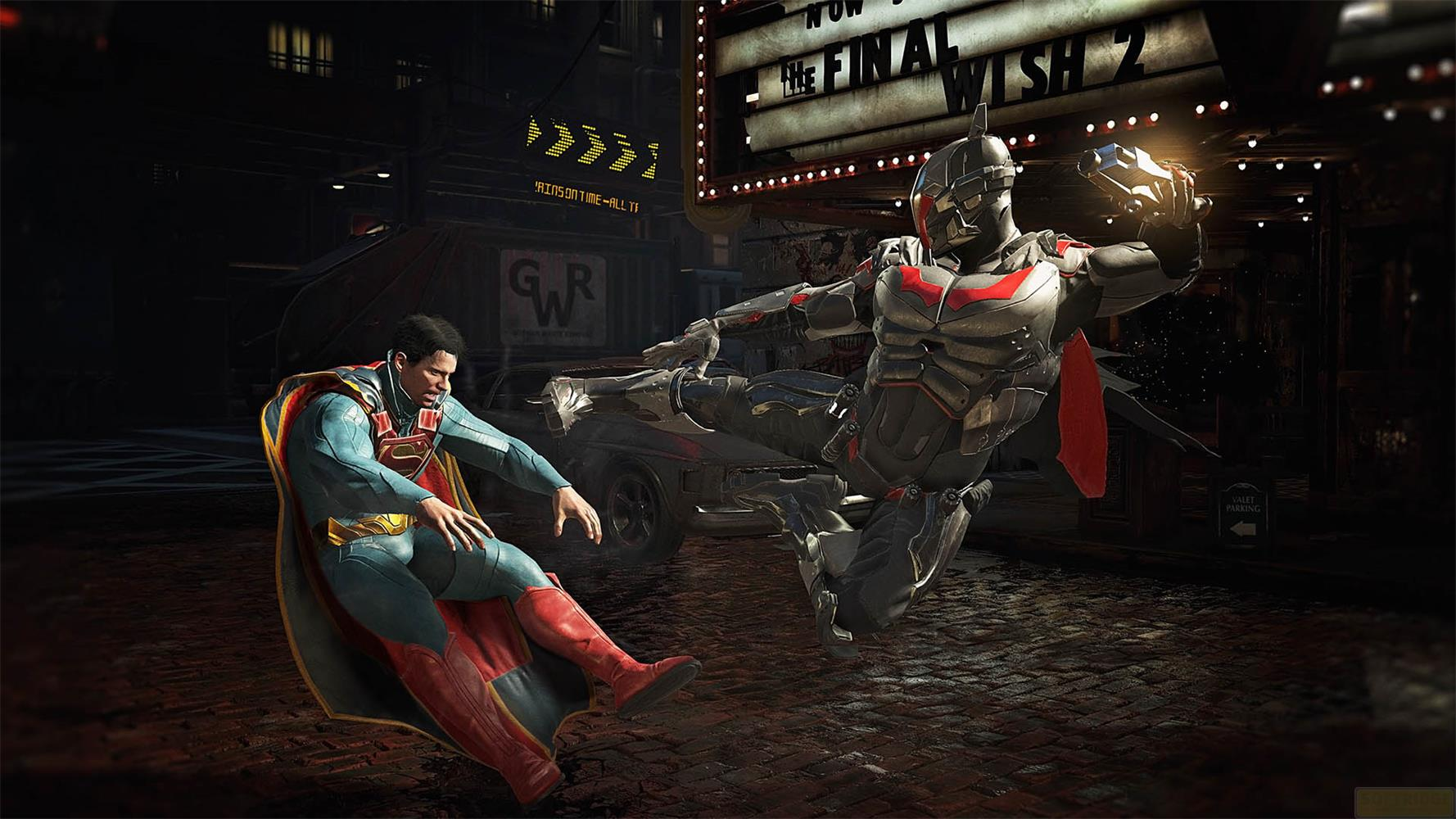 Superman kämpft gegen einen futuristischen Batman vor einem Kino.