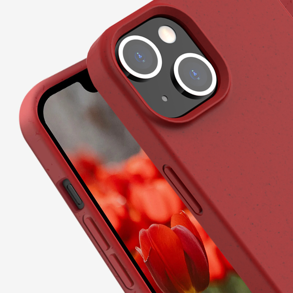 Custodia rossa per telefono con doppia fotocamera mostra sfondo floreale.