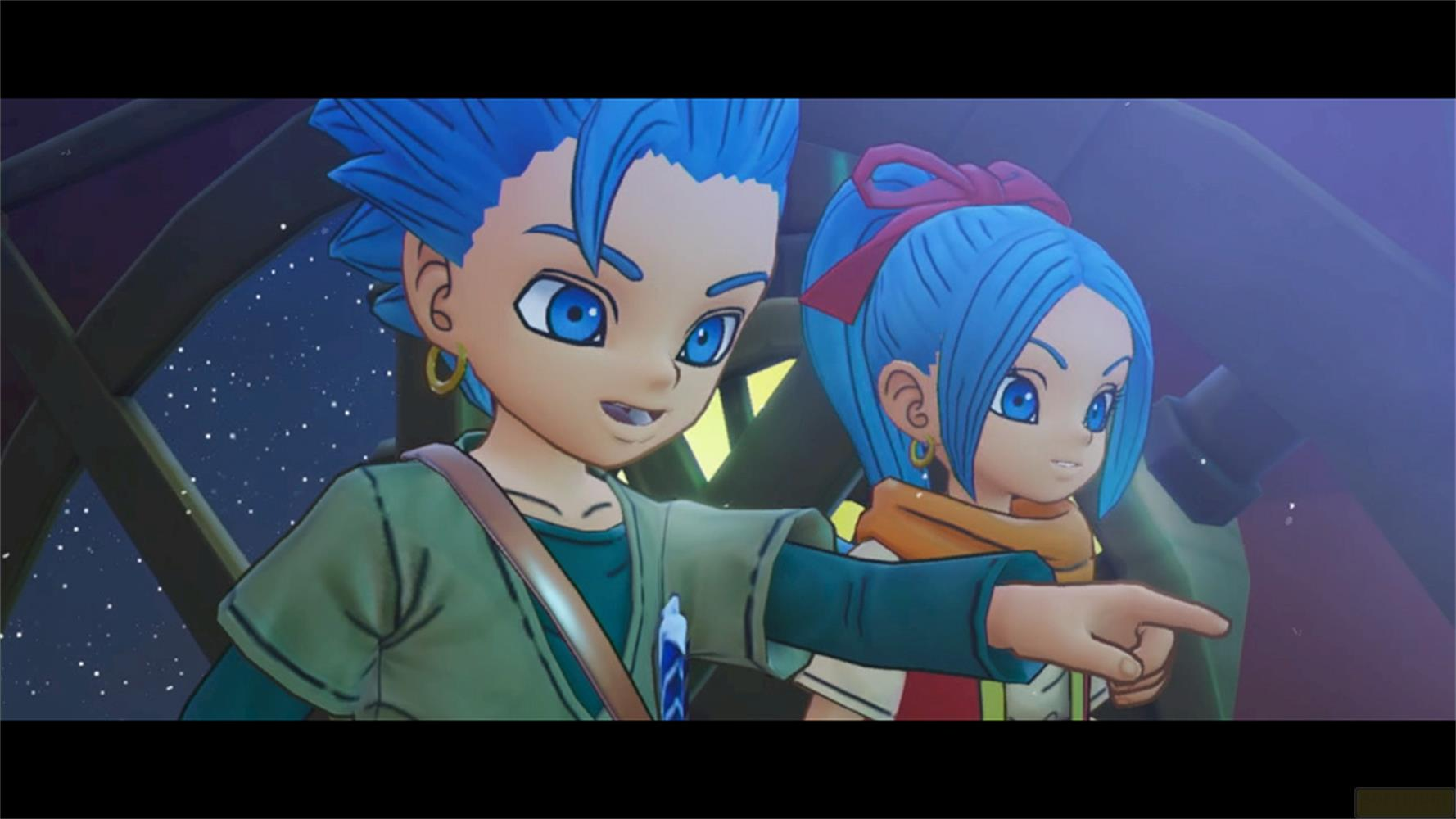 Zwei Anime-Charaktere mit blauen Haaren, einer zeigt nach vorne. Nachthimmel-Hintergrund.