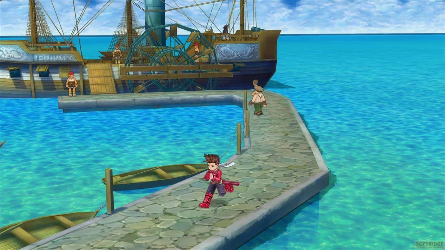 Ein Junge in roter Kleidung rennt auf einem Steg. Ein großes Schiff liegt im Wasser.
