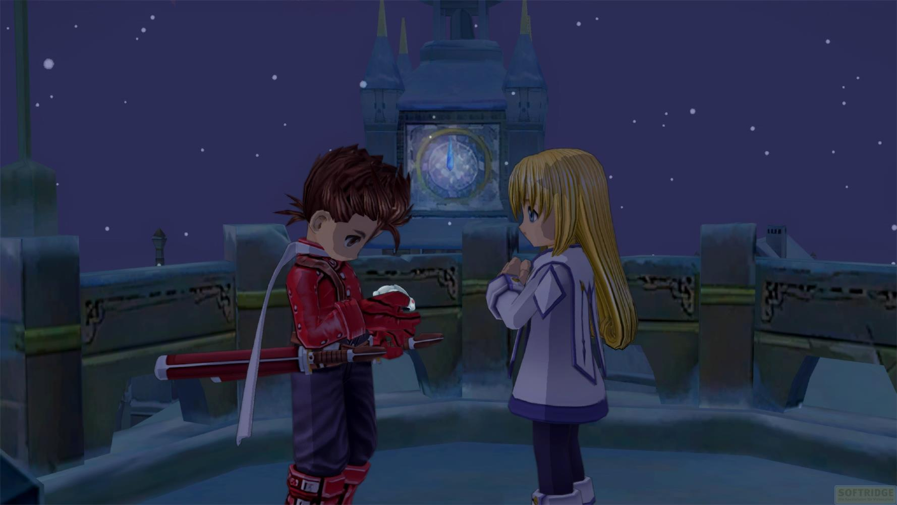 Zwei Anime-Figuren stehen sich gegenüber. Einer hält ein Juwel. Ein Turm im Hintergrund.