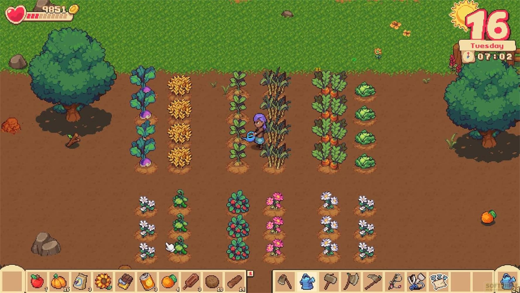 Pixel-Bauernhof mit Frauenfigur, die Pflanzen gießt. Verschiedene Feldfrüchte sind sichtbar.