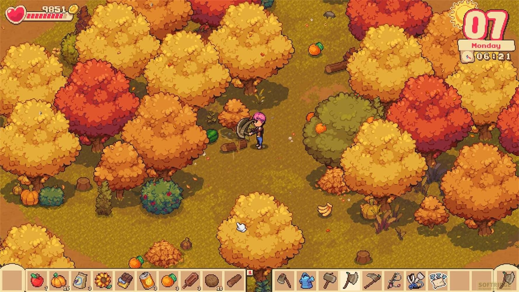 Herbstwaldszene mit einer Figur, die Holz hackt. Bäume sind gelb, orange und rot.