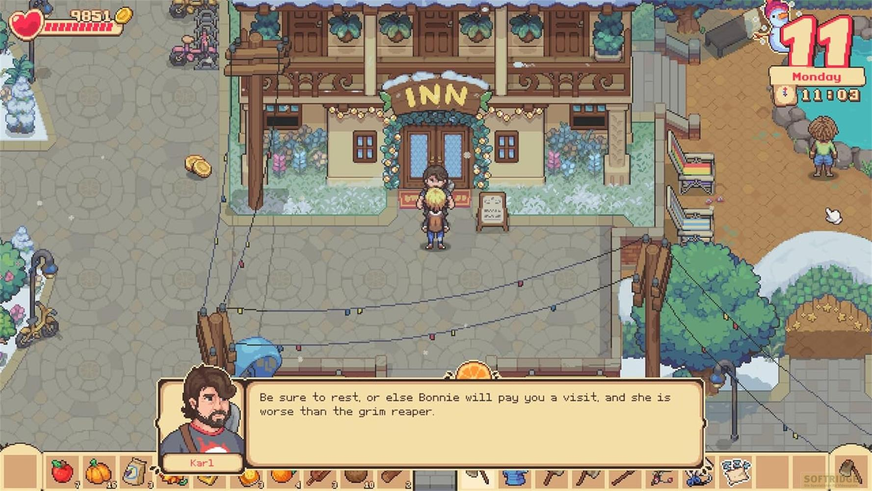 Pixel-Art-Szene mit einem Gasthaus, Charakteren und einem Dialogfeld.
