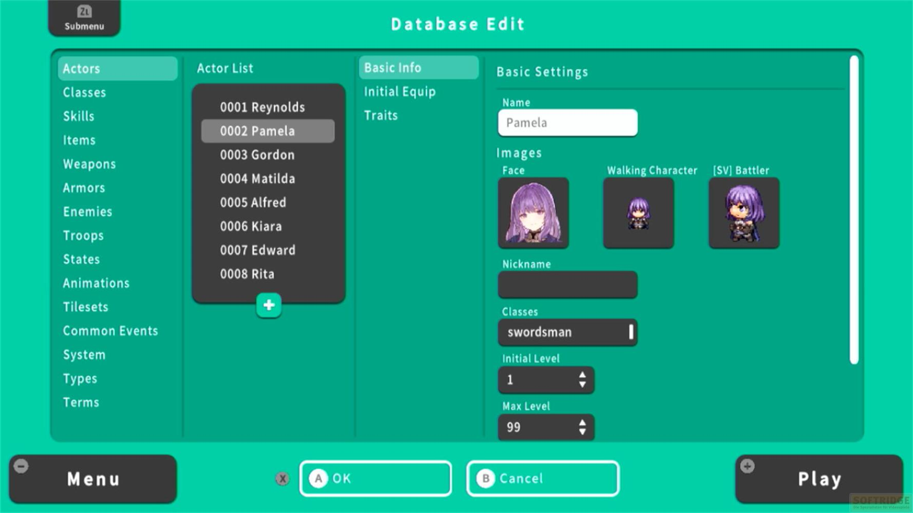 Datenbank-Editor: Pamela, Schwertkämpferin, Stufe 1.