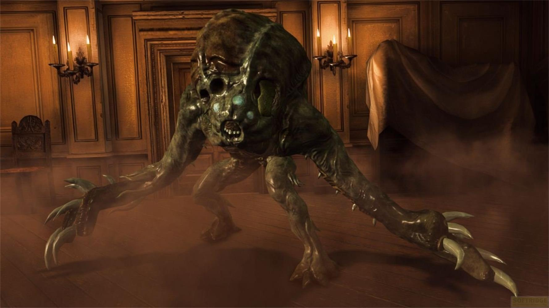 Ein grünes Monster mit Klauen steht in einem dunklen Raum mit Kerzen und einem Tuch.