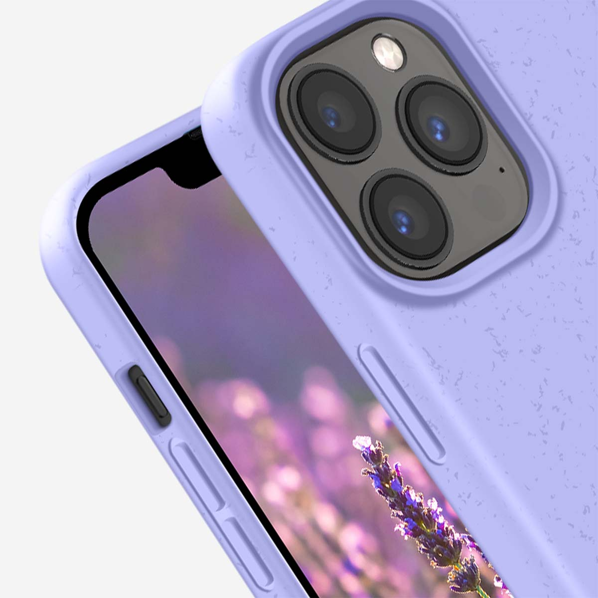 Lila Hülle mit Lavendel-Hintergrund und dreifacher Kamera.