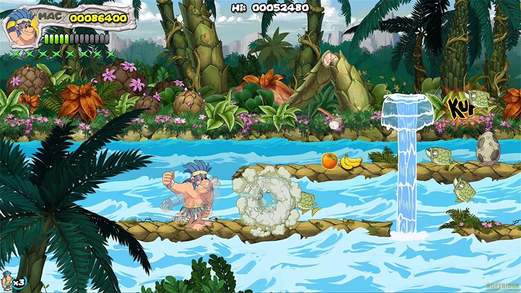 Ein Höhlenmensch läuft auf einem Steinpfad durch einen Dschungel mit einem Wasserfall.