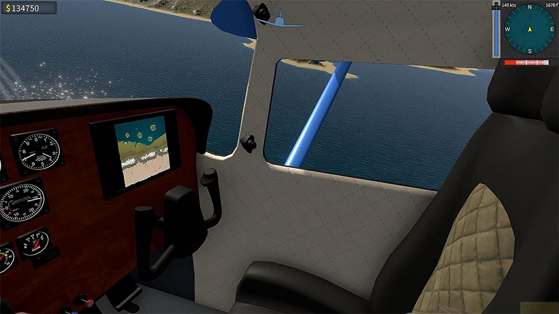 Flugzeugcockpit mit Blick auf das Meer und eine Küste. Instrumente sind sichtbar.