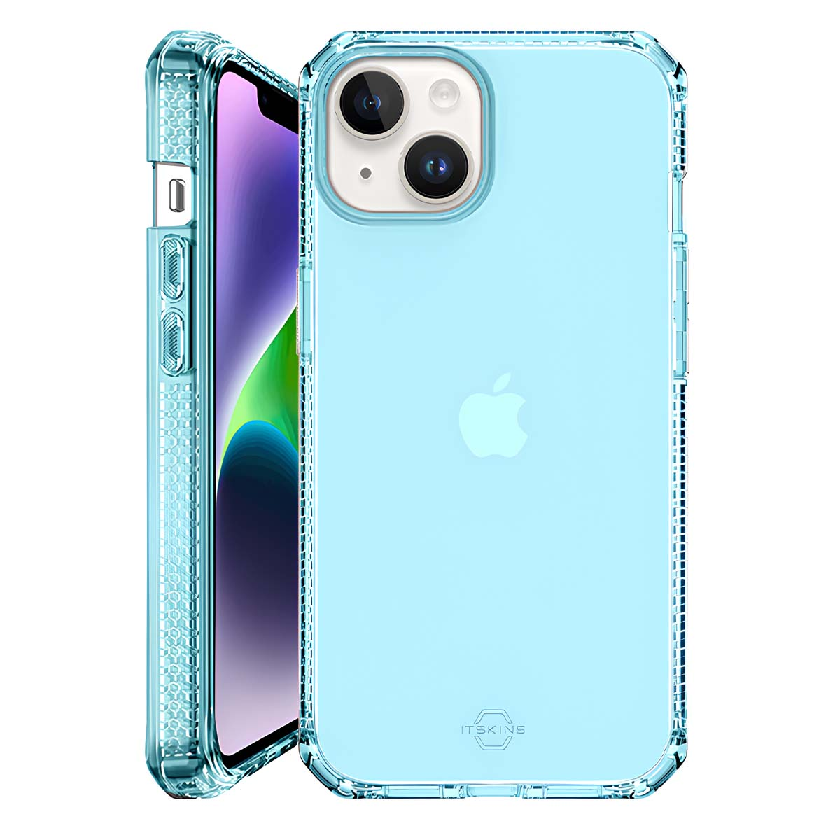 Una custodia blu chiaro per iPhone dal design trasparente.